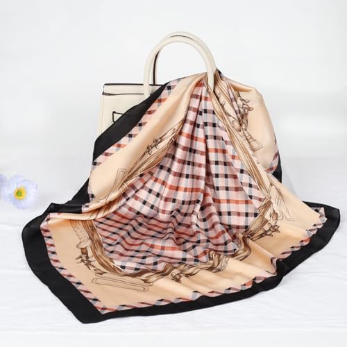 Relang Fashion Silk Satin Head Scarf for Women Hair Bandana Hair Scarf Wrap Neck Scarf for Women 27.5×27.5 inches - color: Checkered Chain Black Coffee