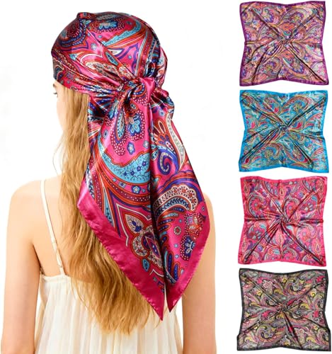 Ciormis 35" Silk Head Scarf for Women, 4 Pcs Satin Hair Scarf Square Silk Bandana Top Neck Scarves Hair Wraps for Sleeping - color: B1-cashew-set1