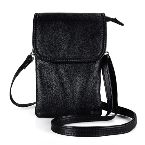 befen Genuine Leather Small Crossbody Bags for Women Cell Phone Bag Cross Body Purses,Silver Zipper - color: Black