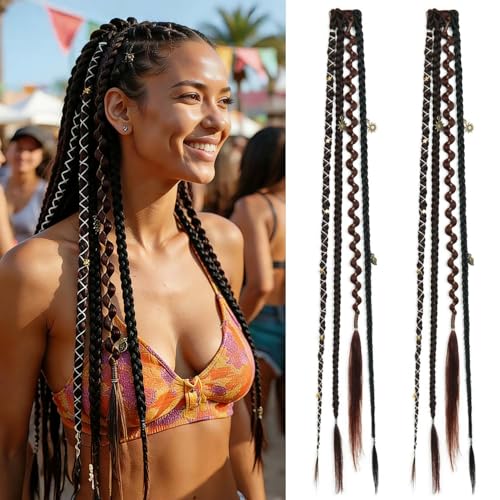 2PCS Boho Dreadlock Clip In Braids with Charms and Beads, Handmade Dreadlock Braids Hair Extensions Synthetic Braided Hairpieces for Women (Dark Brown Mix 20 Inch) - color: Dark Brown Mix, size: 20 Inch