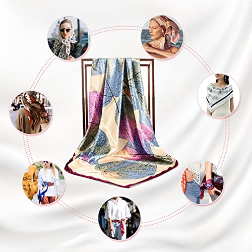 4Pcs Silk Head Scarves for Women Satin Hair Scarf 35”Large Square Bandana Silk Like Neck Scarf Shawl - color: Beige/Red/Purple/Gray