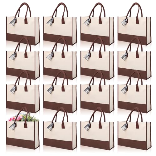 Reginary 12 Pack Canvas Tote Bags Initial Classic Present Personalized Canvas Beach Bag for Wedding, Birthday, Beach(Brown and White) - color: Brown and White