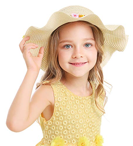 Bienvenu Kids Multi-Colors Large Brim Flower Beach Sun Hats - color: Beigeyellow