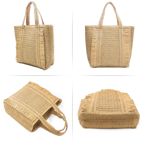 Peicees Straw Woven Bag for Women- Beach Tote Purse with Leak-Proof Lining Summer Travel Vacation Boho Shoulder Bag Large 17L - color: Beige