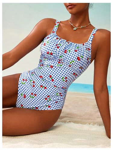 BEAUDRM Women's Boho Floral Print One Piece Swimsuit Y2K Bathing Suits Swimwear Beachwear - color: Blue Cherry, size: Medium