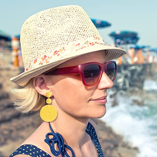 Boho Raffia Ball Earrings for Women, Handmade Statement Drop Earrings Straw Dangle Earrings Beach Vacation Jewelry - color: Yellow