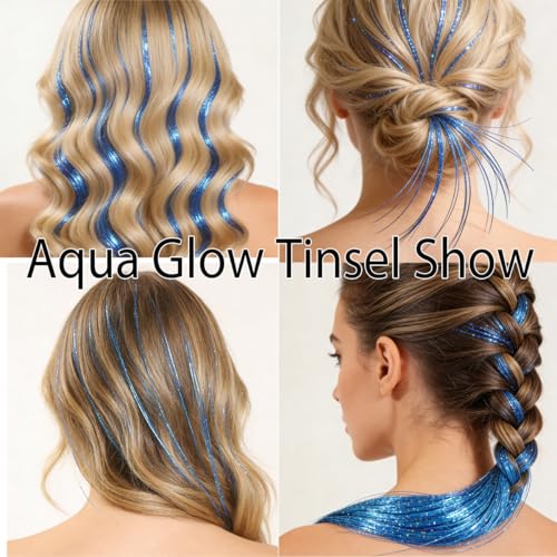 Celinebella Aqua Glow Hair Tinsel, 48" 1250 Strands Cool Blue Shimmer | Fresh cool aqua blue glow, bright icy shimmer, heat resistant, ideal for summer events themed parties cosplay - color: 08-Aqua Glow, size: 48 Inch Pack of 5Pcs