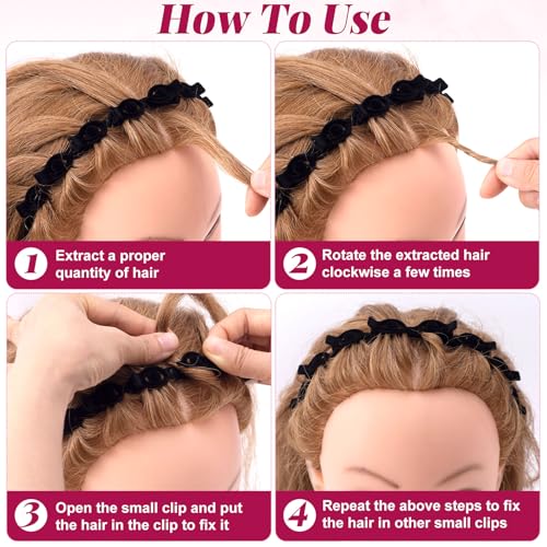 2 Pcs Headband with Clips, 90s Butterfly Hair Clips Headband with Teeth for Women, Braided Weave Bangs Non-Slip Clip Headbands Hair Accessories for Styling Decoration- Flocked Black - color: 2pcs,Black(Flocked)