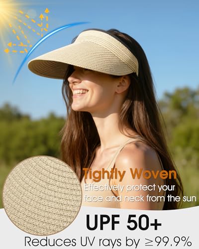 Senker Fashion Sun Hats Visor for Women, Straw Beach Hat Adjustable Wide Brim Ponytail Packable for Summer Travel UPF 50+ - color: Beige