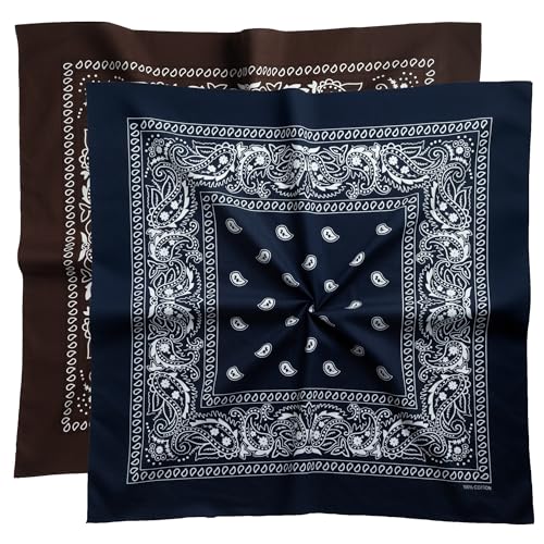 Extra Large Bandana 27” x 27”,100% Cotton bandana for Men and Women，Multi-Purpose Scarf Headbands ，Head Scarfs - color: Brown/Navy Blue