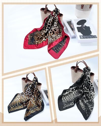 Mesovor 35” Square Head Scarf for Women, 3 Pack Like Silk Satin Headscarf Hair Neck Scarf Top Bandanas for Sleeping - color: Leopard(red/Black/Gold)