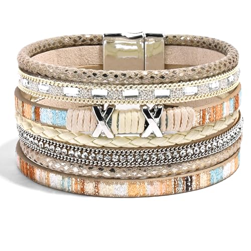 VIBILIA Boho Leather Wrap Bracelets for Women Multi-Layer Bracelets with Strong Clasp Jewelry for Women - color: 02-XxMilletBead-Khaki