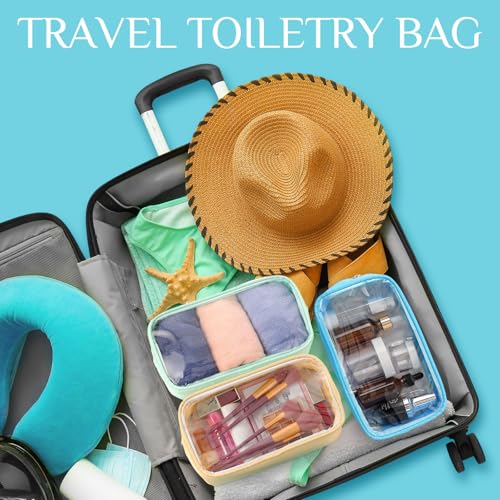 9 Pcs Preppy Clear Makeup Bag DIY Chenille Letter Pouch Large Nylon Makeup Bag Travel Toiletry Zipper Cosmetic Organizer Pouch PVC Bags for Women, 9.5 x 5.1 x 2.8 Inch(Blue Green) - color: Blue Green