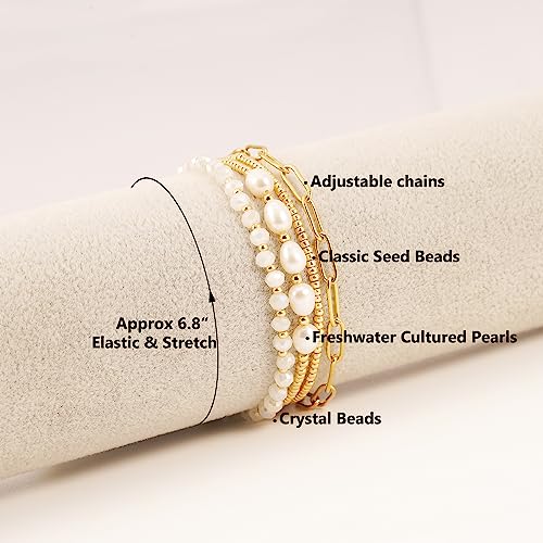 Dainty Gold Plated Pearl Crystal Beaded Bracelets Set for Women 14K Gold Plated Bead Pearl Beads Bracelet Stackable Paperclip Link Chain Bracelets Gold Plated Bracelets for Women Trendy Jewelry - color: Style2