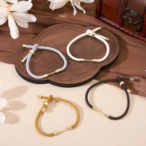 FASHEWELRY 4 Pcs Braided Nylon Cord Bracelet Black Brown White Adjustable Cord Bracelets Woven Friendship Rope Boho Bracelet with Golden End Connector for DIY Jewelry Making (9.45 inch)