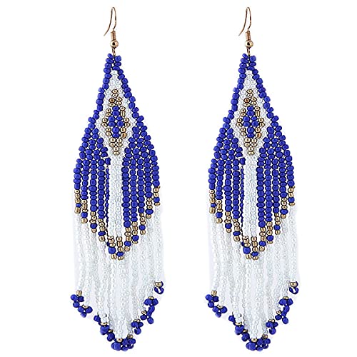 Bohemian Long Rice Beaded Tassel Earrings,Boho Native Handmade Woven Seed Bead Drop Dangle Earrings Statement Jewelry for Women Summer Holiday - color: Blue