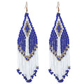 Bohemian Long Rice Beaded Tassel Earrings,Boho Native Handmade Woven Seed Bead Drop Dangle Earrings Statement Jewelry for Women Summer Holiday - color: Blue