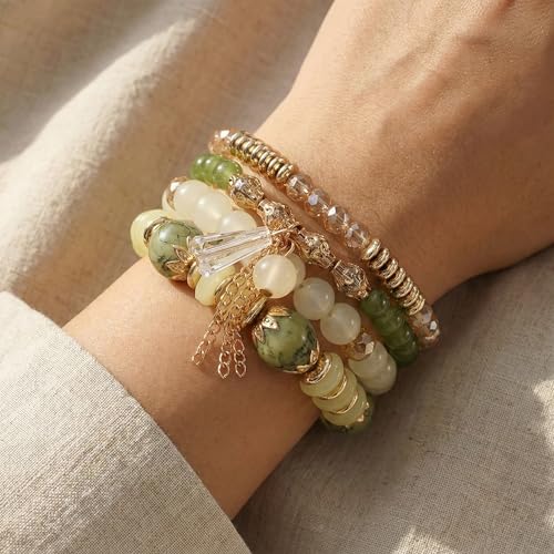 Bohemian Bracelet Sets for Women - 4-Pack Stackable Stretch Bead Bracelets with Black＆White Crystal & Gold Accessories, Multi-Layer Boho Jewelry - color: green