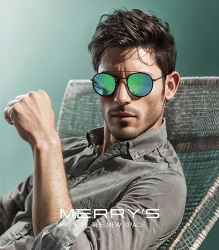 MERRY'S Retro Round Polarized Sunglasses - Unisex Double Bridge Sun Glasses - color: Matte Black Frame/Matte Black Bridge/Green Mirror Lens