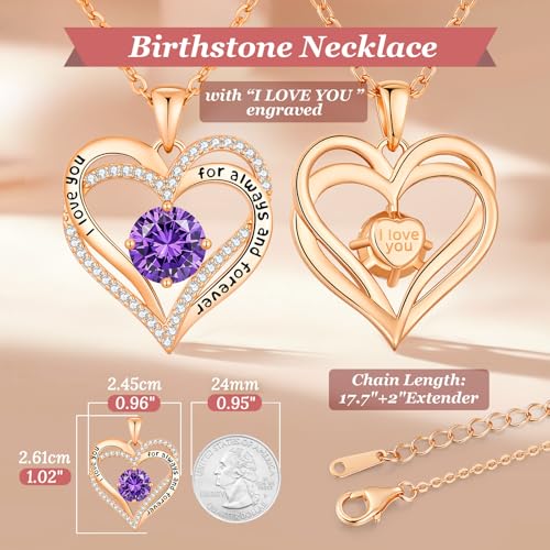 CDE Engraved Forever Love Heart Birthstone Necklace Jewelry Gifts for Women | Hypoallergenic,Nickel-Free & Lead-Free,3 x 3 mm 5A CZ Heart Pendant,Anniversary Christmas Birthday Gift for Girlfriend Wife - color: Birthstone-02-Feb, style: Rose Gold Plated-B