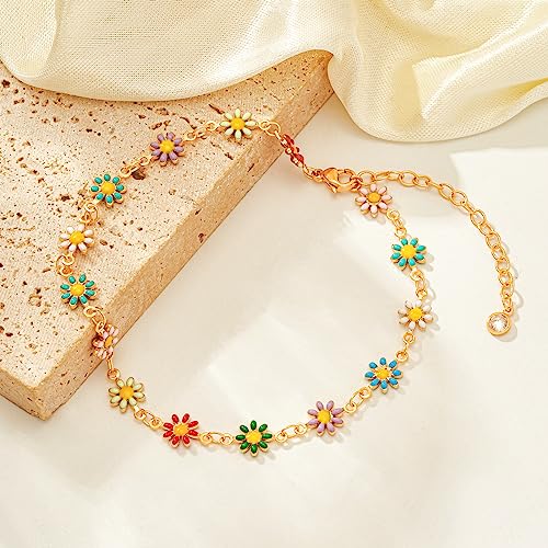 MTMY Gold Anklets for Women 14K Gold Plated Tiny Bead Anklet Colorful Tassel Foot Chain Dainty Adjustable Cute Summer Beach Boho Anklets Jewelry Gift - style: colorful daisies