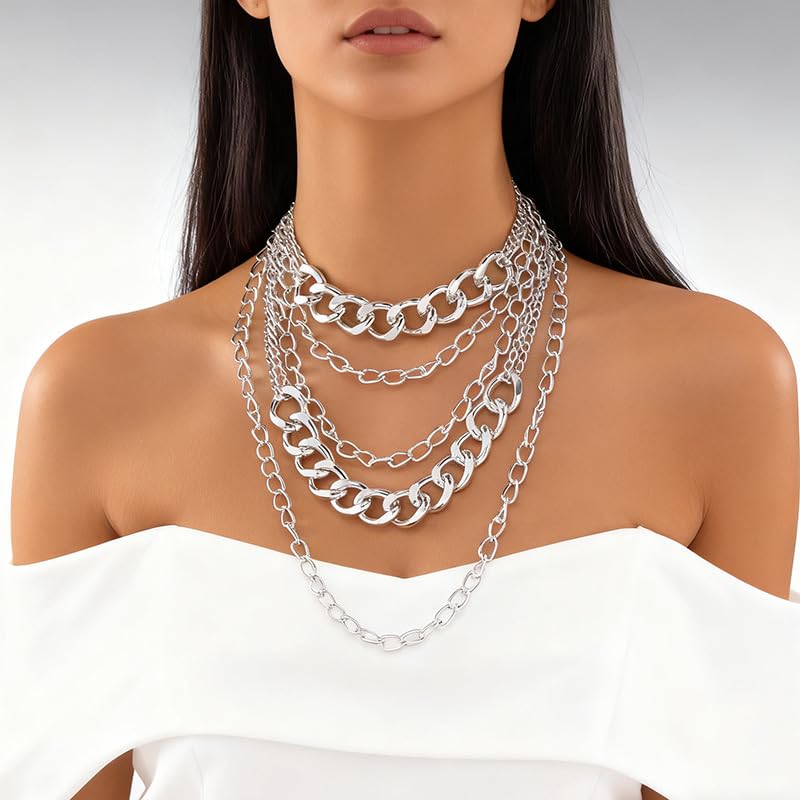 Layered Necklaces for Women Punk Chunky Gold Statement Necklaces Dainty Multi Layer Necklace Jewelry Accessories for Women - color: Silver