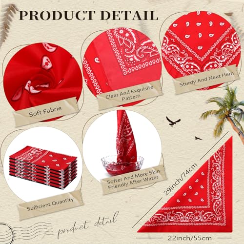 Suhine 12 Pcs Bandanas Bulk for Women Men 22 x 22 Inch Paisley Headband Cowboy Handkerchief Summer Beach Party Costume - color: Red and Black