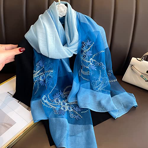 WINCESS YU Women Mulberry Silk Scarf Long & Large Embroidered Floral Pattern Shawl and Wraps Neckerchief for Hair & Neck - color: Gradient Blue