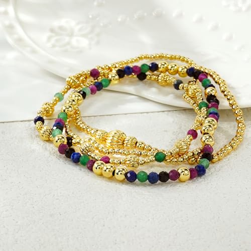 Dainty 14K Gold Lantern Beaded Bracelets Stack for Women,4PCS Colorful Glass Beads Stretch Stackable Bracelets Set Fashion Prom Jewelry Gift Friendship - color: Colorful