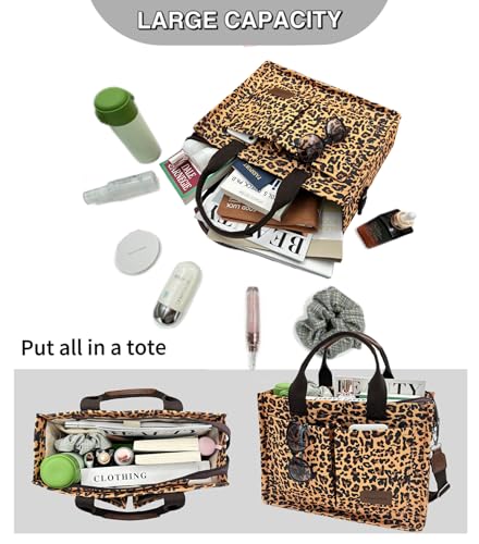 Large Canvas Tote Bag for Women Work Tote Bags with Pockets Laptop Crossbody Purses Everyday Bag Handbags for Travel - color: New Upgrade Plus Leopard