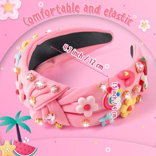 PANTIDE Floral Jeweled Knotted Headband - Rainbow Rhinestone Crystal Embellished Headband Wide Top Knot Fashion Hairband Hair Accessories Spring Summer Birthday Gift for Women Girls (Pink) - color: Pink Floral