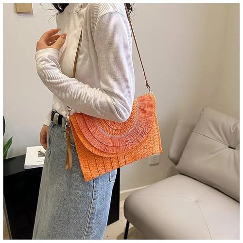Crossbody Bags for Women, Straw Clutch Purses, Bohemian Handmade Woven Envelope Package, Tassel Handbags for Women | Bohemian - color: Orange