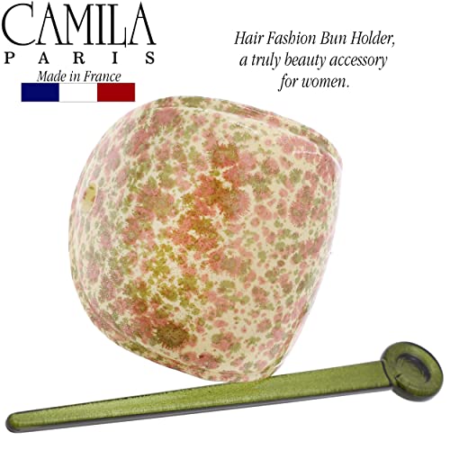 Camila Paris CP3343 French Hair Bun Holder Cover Cap Hair Updo, Pink and Green, Hair Pin Thru, Strong Hold Grip Hair Clips for Women, No Slip and Durable Styling Girls Hair Accessories, Made in France - color: Pink/Green