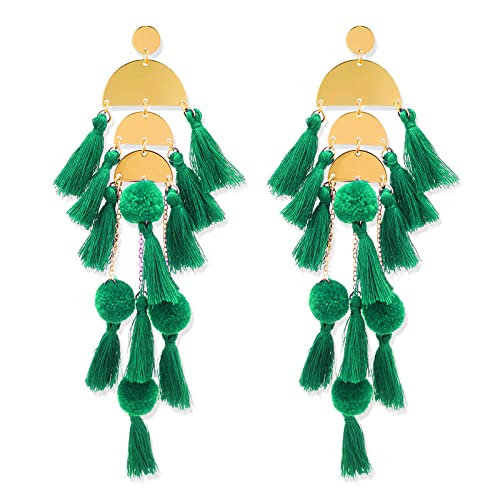 Long Tassel Earrings for Women Colorful Fringe Drop Dangle Earrings Bohemian Hawaiian Summer Beach Jewelry for Womens Vacation Outfits - color: Green