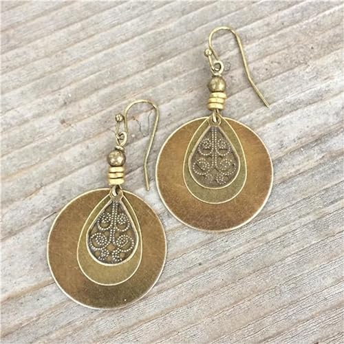 Bohemian Earrings - Dangle Boho, Handmade Antique Ethnic Jewelry, Vintage Carved Hoop Spiral Earrings for Women, Ethnic Brown Disc Round