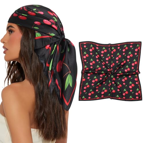 AWAYTR 27.5” Square Satin Head Scarf Hair Scarf for Women's Hair Silk Bandana for Women Silk Head Wrap for Sleeping - color: Black+cherry