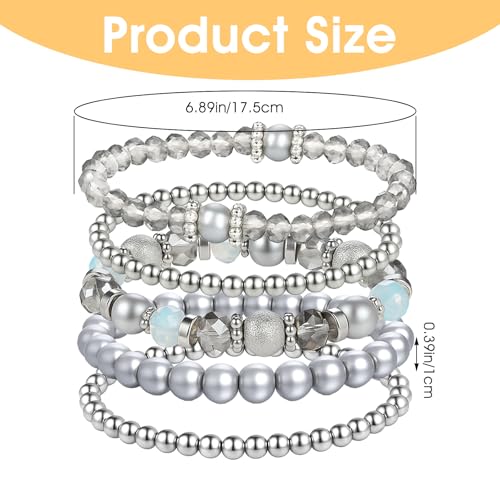 5PCS Beaded Stretch Bracelet Stackable Stylish Beaded Bracelets for Women Crystal Bead Boho Stretch Layering Stone Bracelets Trendy Costume Jewelry Gift Multilayered Disco Ball Faceted Bracelet - color: Gray, Silver