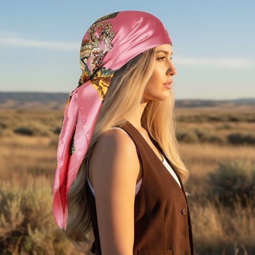 Pistha Head Scarf Bandana for Women, Satin Scarf for Hair, Large Square Silk Bandana Headscarf for Women and Men 35 Inch - style: Classic-pink