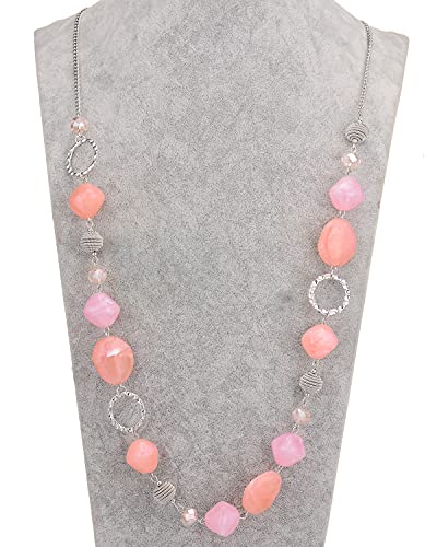 BULINLIN Beaded Long Necklace for Women Silver Sweater Chain Necklace with Crystal Resin Beads, Fashion Jewelry Necklace - color: 53-Dark light pink