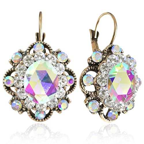Handmade Bohemian Vintage Gold Sparkly Crystal Round Flower Leverback Earrings Cute Rhinestone Geometry Dangle Drop Earring for Women - color: Colorful White