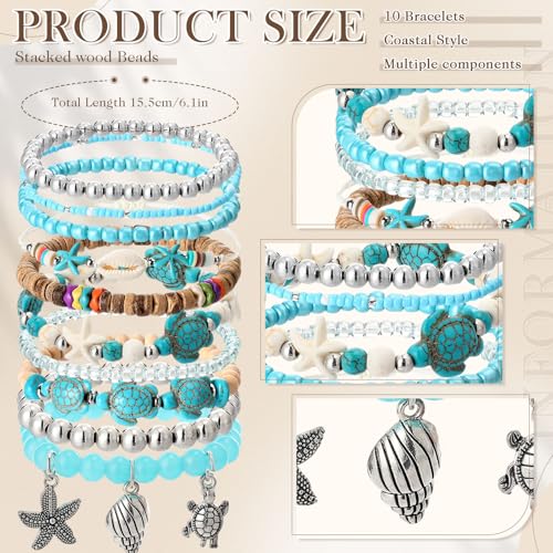 Nosiny 10 Pcs Sea Turtle Bracelet for Women Bahamas Souvenirs Beach Bead Ankle Bracelet Include Starfish Shell Waterproof Handmade Boho Summer Coastal Ocean Jewelry Adjustable Beachy Accessory Gift