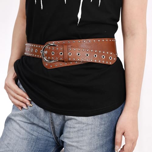 MILAKOO Vintage Punk Leather Waist Belt for Women 80s Goth Costume Cinch Belts Ladies Western Belt for Jean - color: B2: Brown