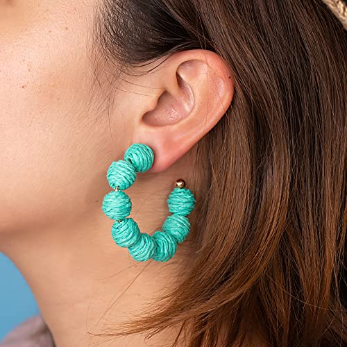 Raffia Hoop Earrings Statement Boho Beaded Earrings Cute Rattan Handmade Colorful Jewelry for Women Unique Summer Outfits - color: Teal