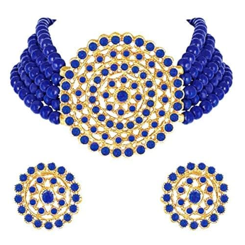 Aheli Pearl Diamond Choker Necklace & Round Earrings Gift for Women Indian Traditional Bollywood Fashion Bharatanatyam jewellery set - color: Blue