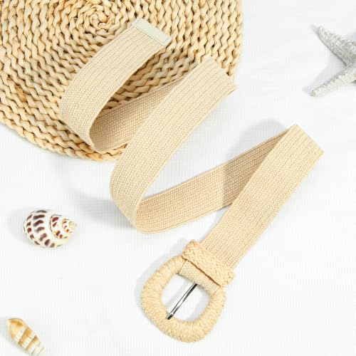 HOTWILL Women Straw Woven Belt Boho Elastic Stretch Braided Waist Belts for Summer Dresses - color: Beige_d Ring Buckle