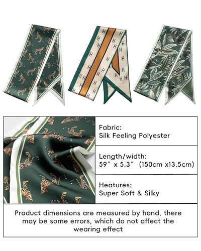 Raylarnia 3 Pack Satin Purse Bag Scarf for Women 59”Long Silky Scarves for Neck,Hair,Head,Handbag,Fashion Gift Set - color: Green Khaki (Plants/Tiger/Letter H)
