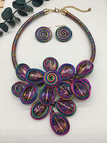 Statement Chunky Flower African Necklace For Women Tribal Fashion Costume Jewelry Earring Sets Unique Big Colorful Rhinestone Crystal Pendent Collar Choker Bib Handmade - color: flowers colorful