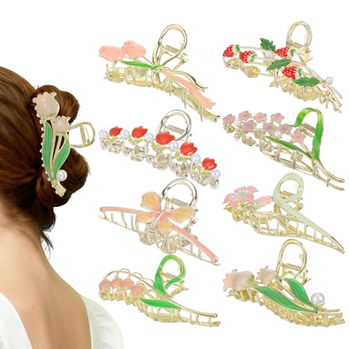 8 Pcs Metal Hair Claw Clips for Women - Large Strong Hold Floral Design Non-Slip Zinc Alloy Barrettes Clamps Accessories for Long Thick Thin Curly Hair Styling Essentials