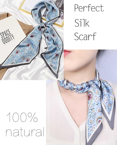 kcctoo 59” Long Silk Like Head Scarf Women's Fashion Square Neck Satin Scarfs for Bag Hair Scarves Gift 59 * 5.9” - color: D2 Blue Flower Drop Shaped 59" X 5.9"