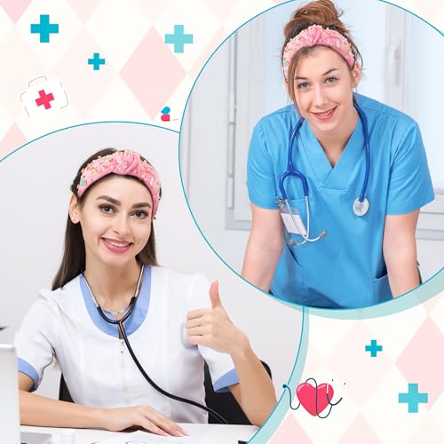 PANTIDE Nurse Jeweled Knotted Headband - Christmas Nurse Day Gift Medical Mask Rhinestone Crystal Pearl Embellished Headband Wide Top Knot Hair Accessories for Doctor Nursing Student Women Girl (Pink) - color: Pink Nurse
